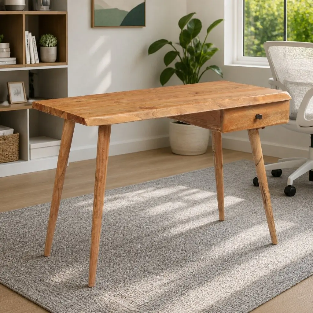 Solid Acacia Wood Writing Desk Rustic Live Edge Computer Table Home Office
