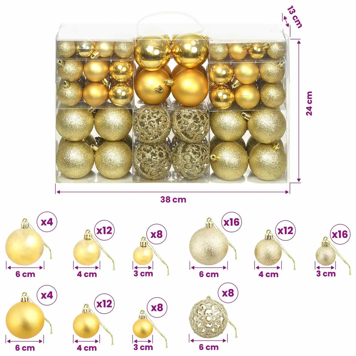 Christmas Ball Ornament Set Shatterproof Decoration 3cm 4cm 6cm Gold
