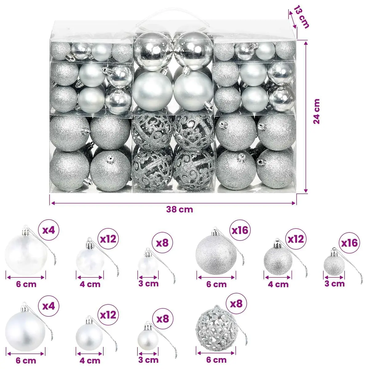 Christmas Ball Ornament Set 100 Piece 3cm 4cm 6cm Silver