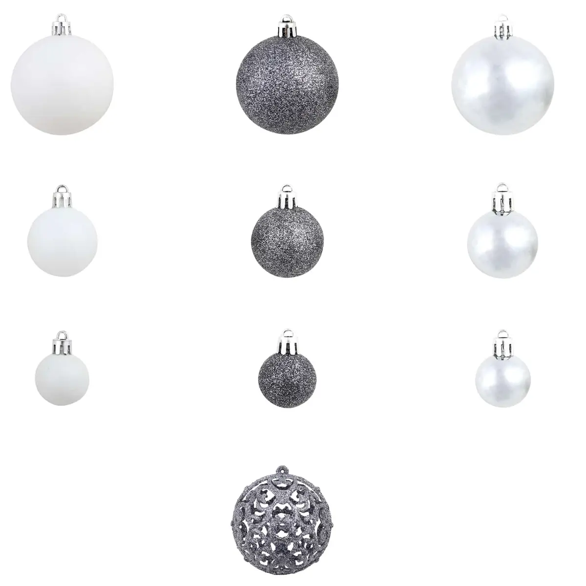 Christmas Ball Ornament Set 100 Piece Shatterproof 3cm 4cm 6cm White Grey