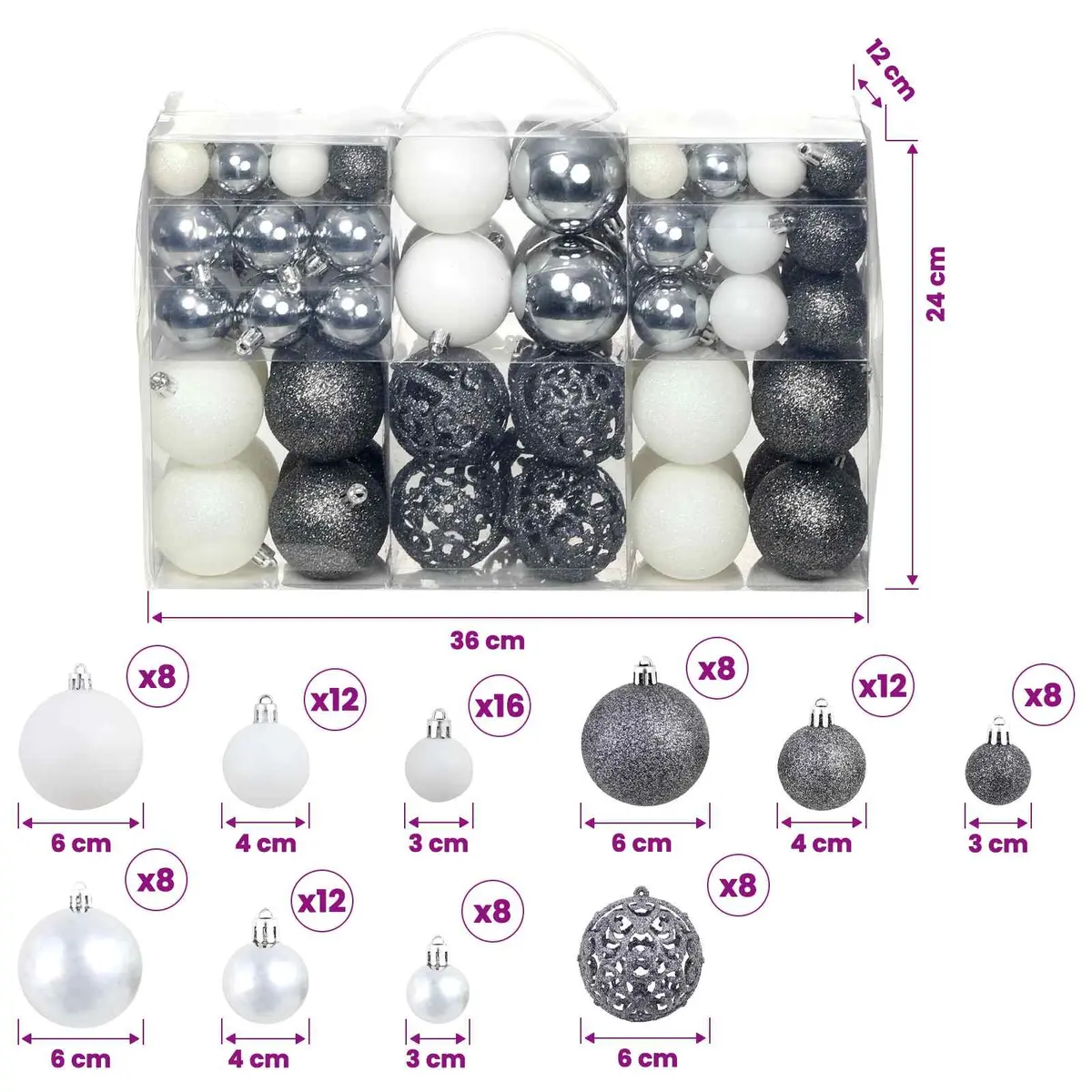 Christmas Ball Ornament Set 100 Piece Shatterproof 3cm 4cm 6cm White Grey