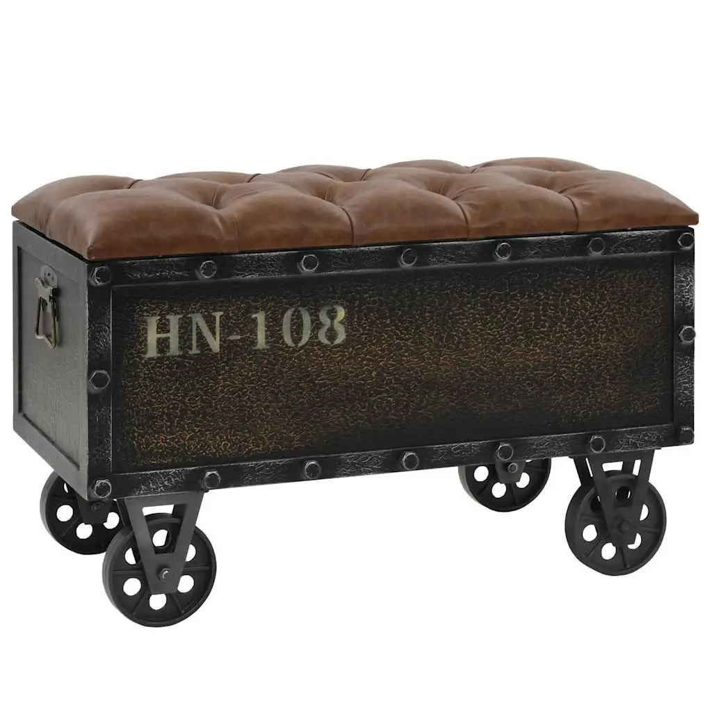 Storage Bench Internal Storage 80.5x41x50cm Brown Solid Wood Artificial Leather Tufted Cushion Wheels