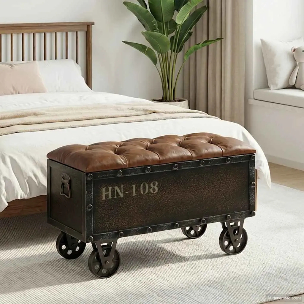 Storage Bench Internal Storage 80.5x41x50cm Brown Solid Wood Artificial Leather Tufted Cushion Wheels