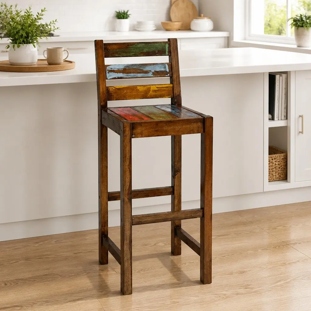 Bar Stools Vintage Kitchen Dining Chair Set 2 Piece Solid Reclaimed Wood Multicolour