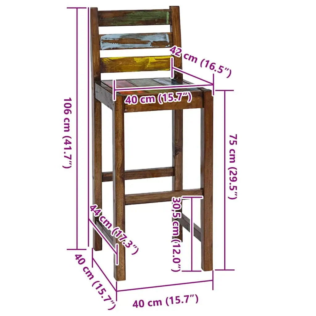 Bar Stools Vintage Kitchen Dining Chair Set 2 Piece Solid Reclaimed Wood Multicolour