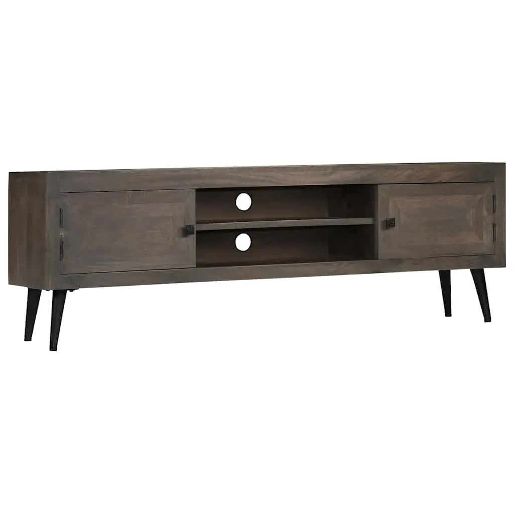 Mango Wood TV Stand Grey 140cm Retro Industrial Style Storage Unit with Shelves and Cabinets