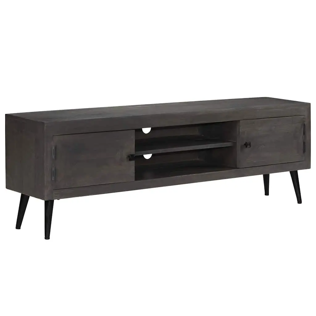 Mango Wood TV Stand Grey 140cm Retro Industrial Style Storage Unit with Shelves and Cabinets