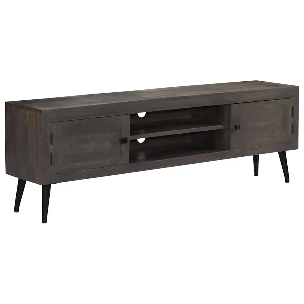 Mango Wood TV Stand Grey 140cm Retro Industrial Style Storage Unit with Shelves and Cabinets