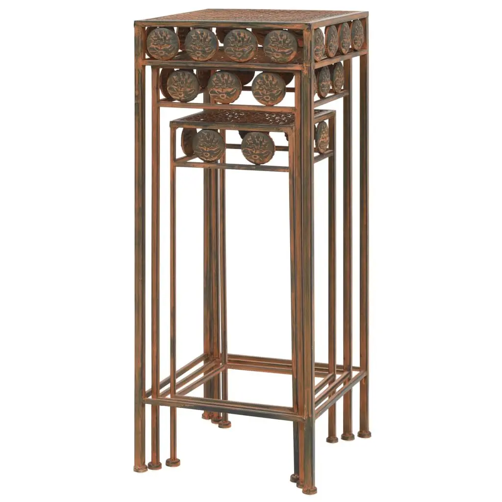 Plant Stand Set 3 Pieces Antique Look Metal Decorative Home Garden Brown