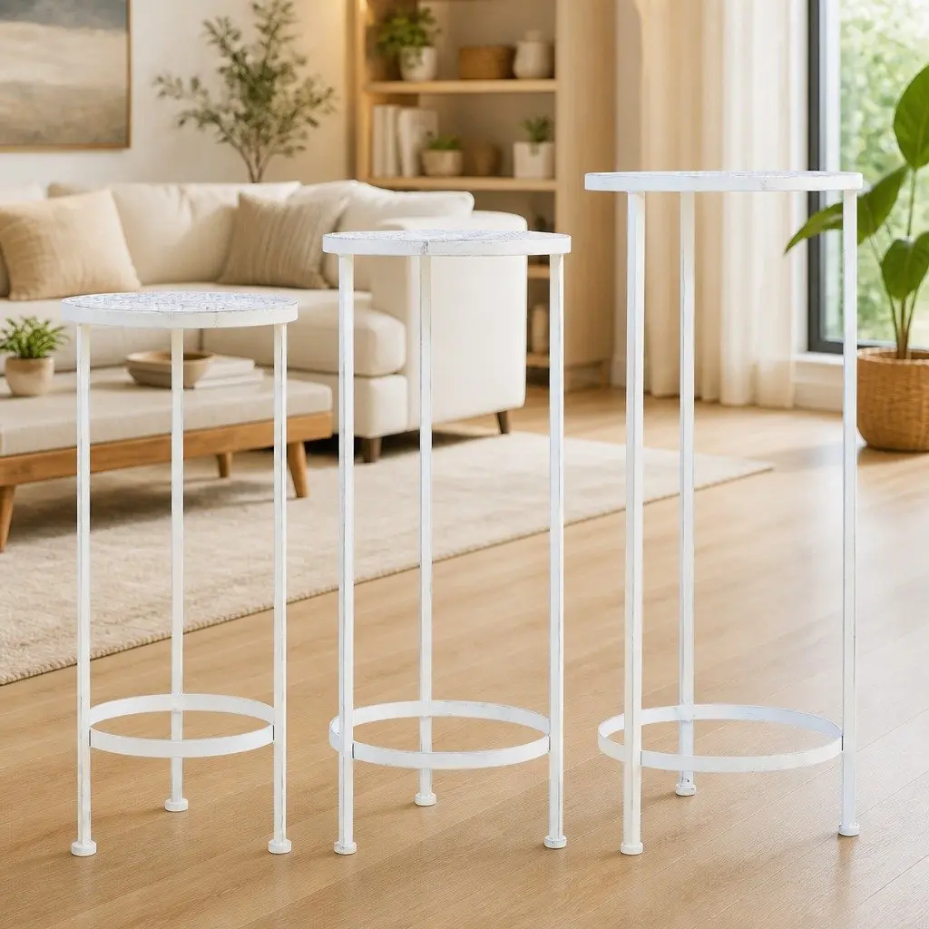 Plant Stand Set 3 Pieces Metal Antique White Vintage Nesting Garden Decor