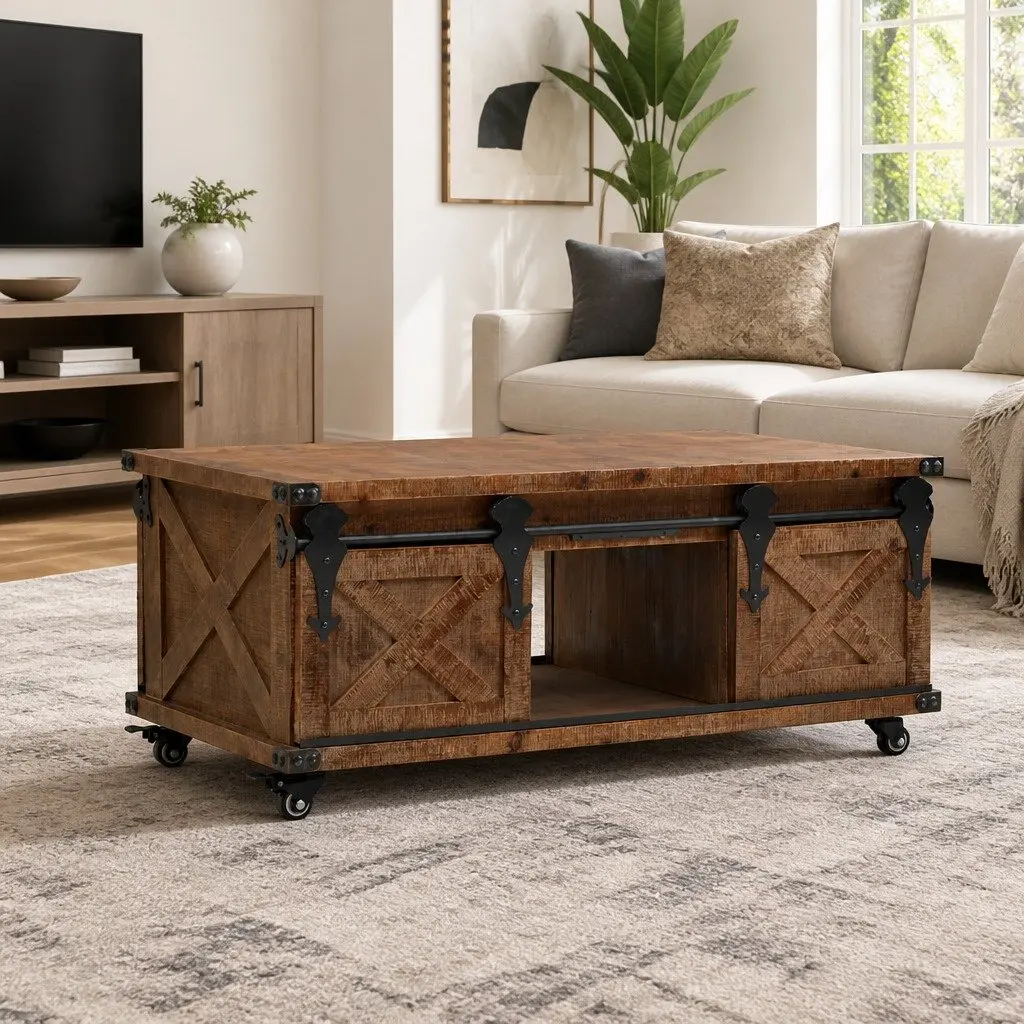 Solid Fir Wood Coffee Table with Sliding Door