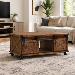 Practical Solid Fir Wood Coffee Table with Sliding Door
