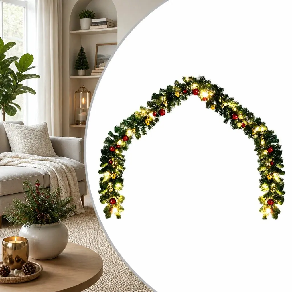Christmas Garland 20m Green Baubles LED Lights