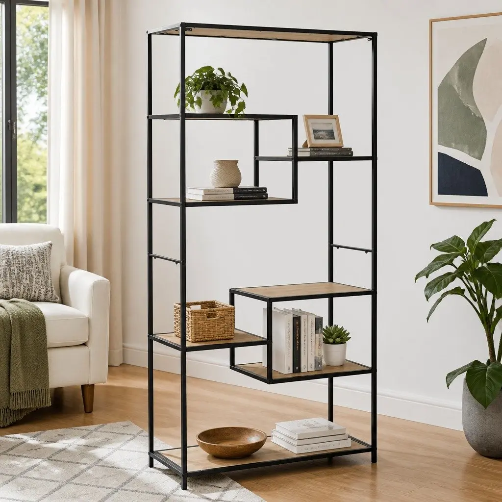 Bookcase Solid Firwood Steel Frame Industrial Storage Display 90.5cm W x 35cm D x 180cm H Black