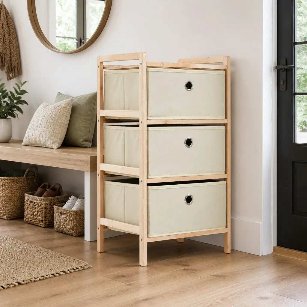 Storage Rack Organizing Unit 3 Fabric Baskets Wooden Home Furniture Beige