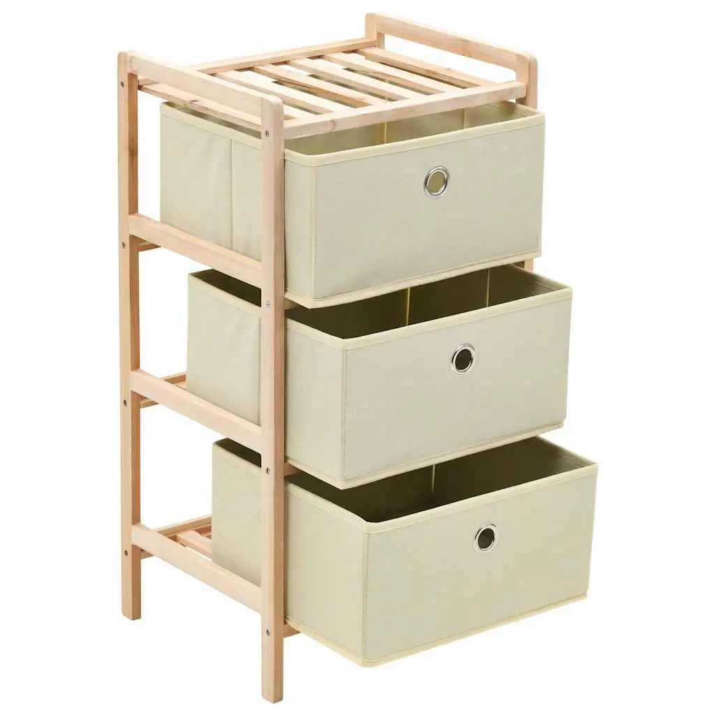 Storage Rack Organizing Unit 3 Fabric Baskets Wooden Home Furniture Beige