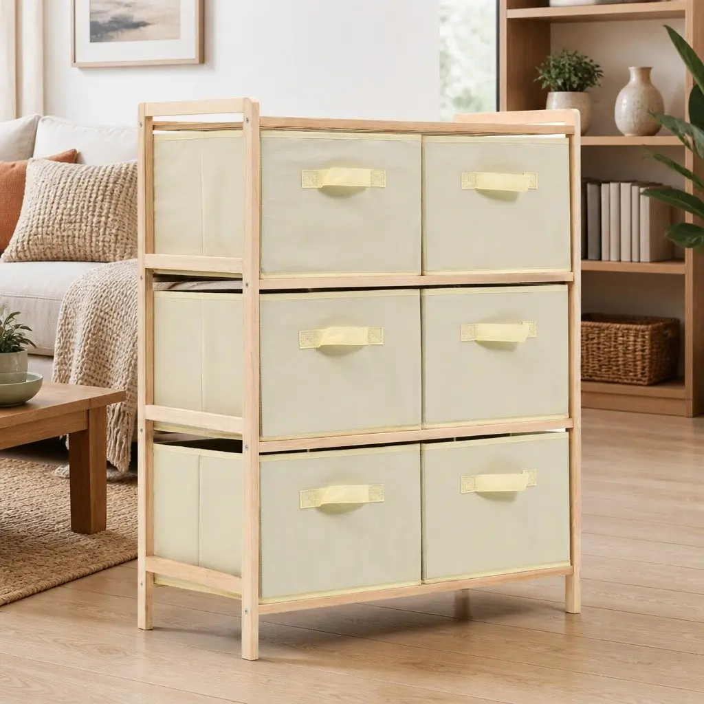 Storage Rack Home Organizer Cedar Wood Lightweight with 6 Fabric Baskets Beige