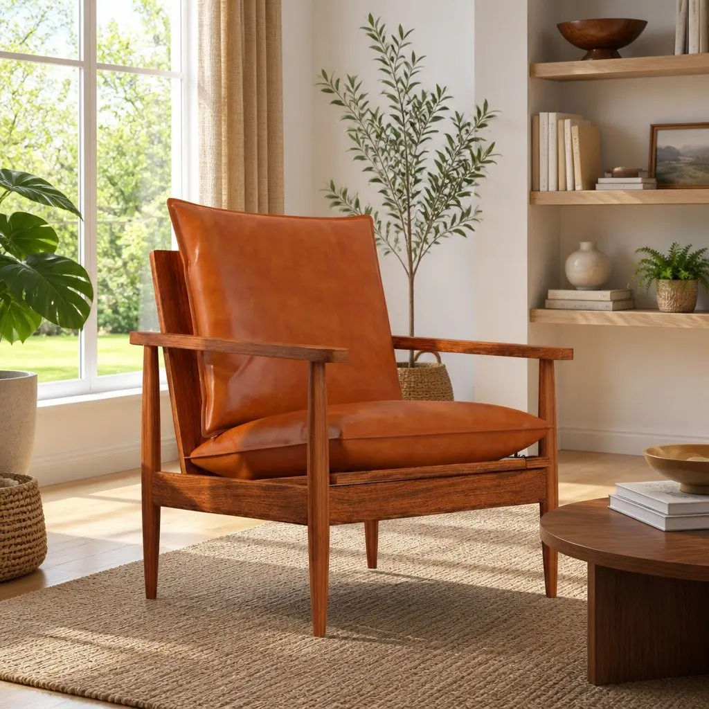 Brown Leather Armchair with Acacia Frame