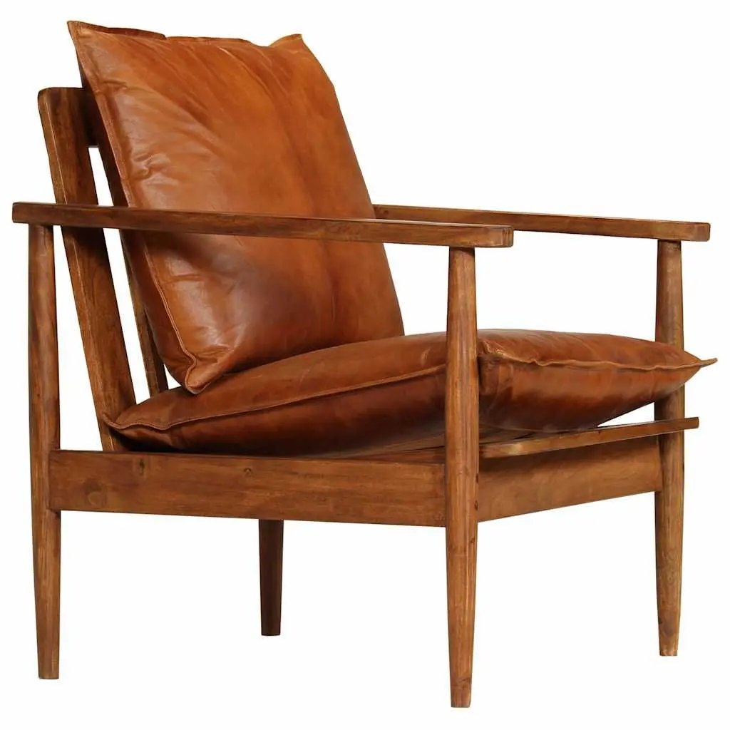Brown Leather Armchair with Acacia Frame