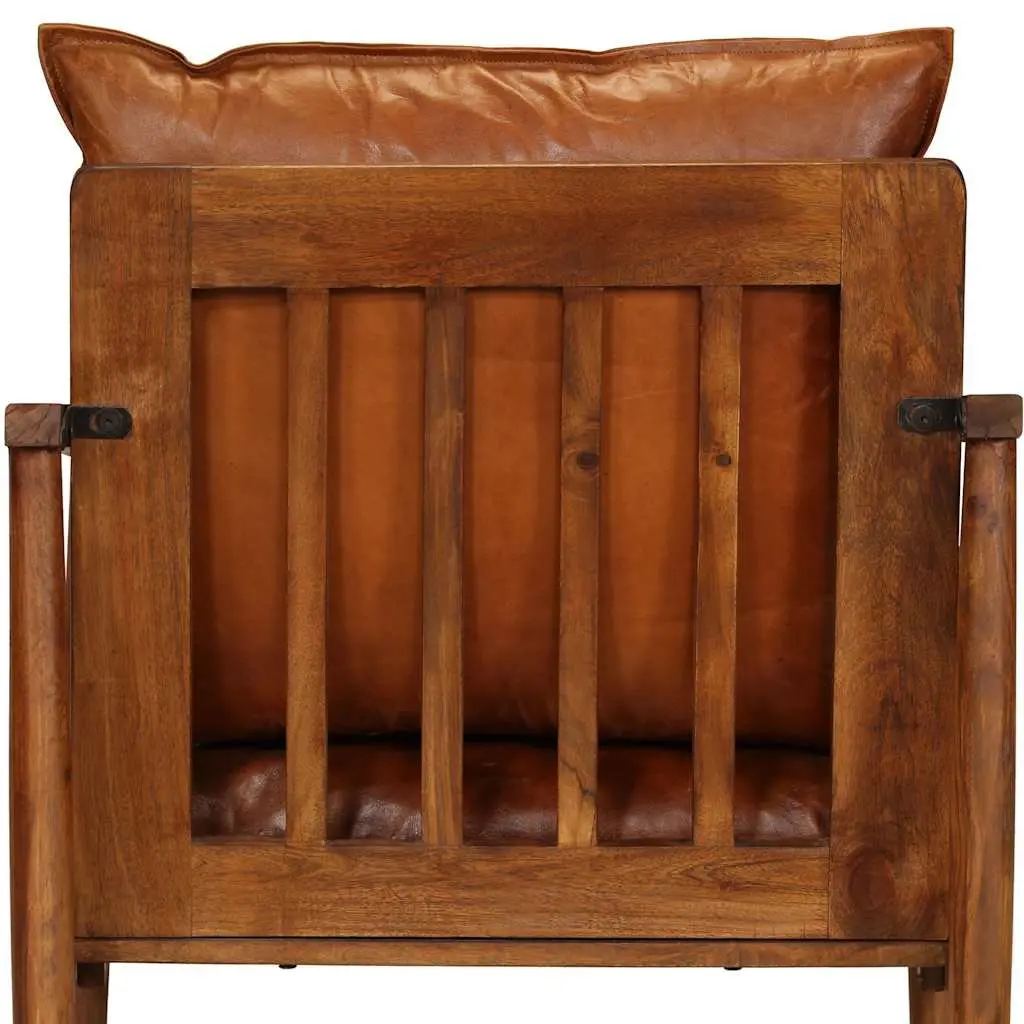 Brown Leather Armchair with Acacia Frame