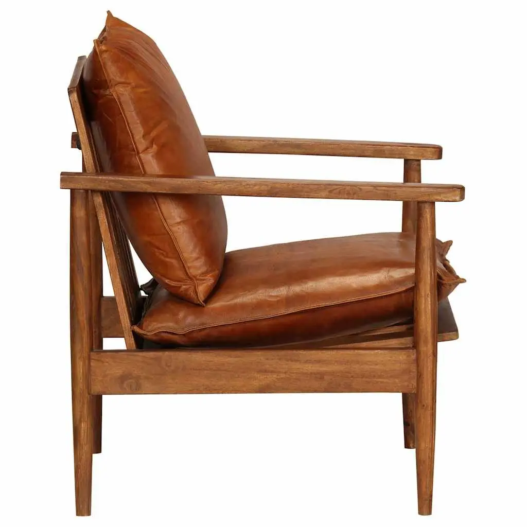 Brown Leather Armchair with Acacia Frame