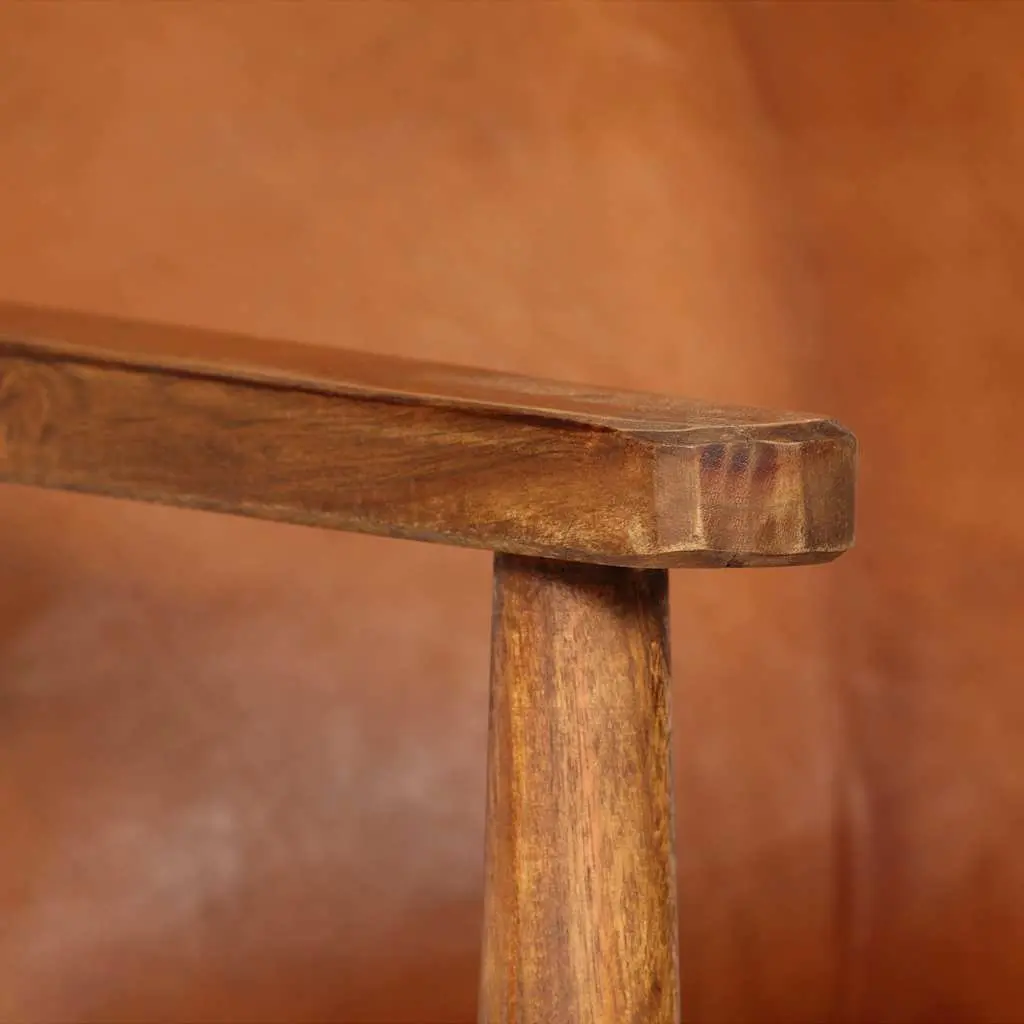 Brown Leather Armchair with Acacia Frame