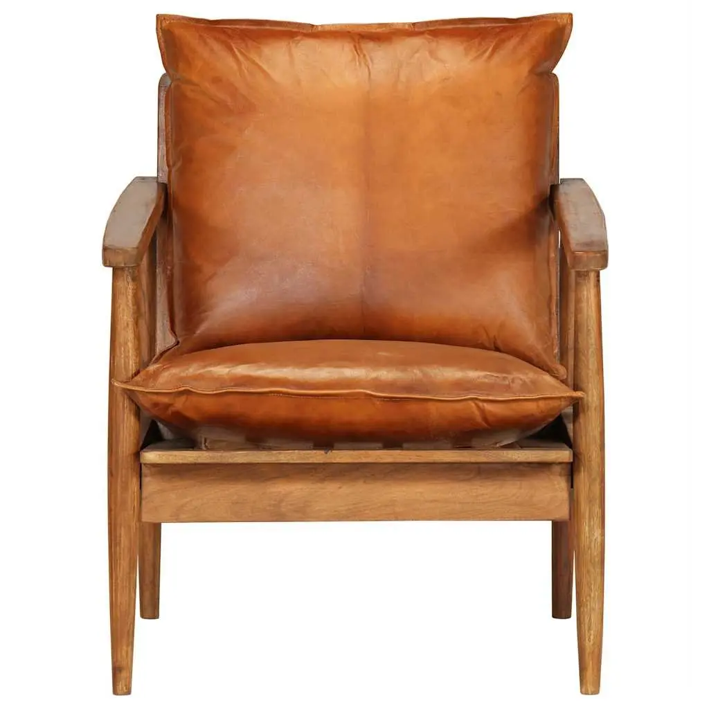 Brown Leather Armchair with Acacia Frame