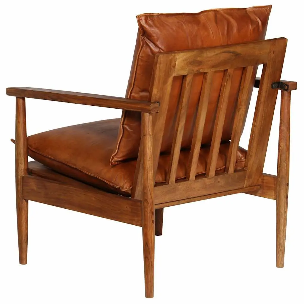 Brown Leather Armchair with Acacia Frame