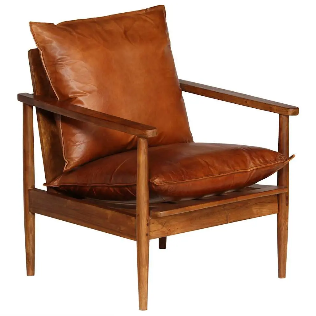 Brown Leather Armchair with Acacia Frame