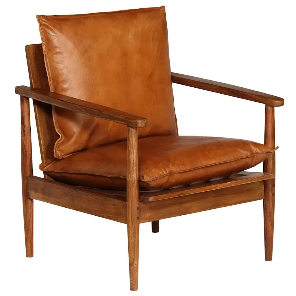 Brown Leather Armchair with Acacia Frame