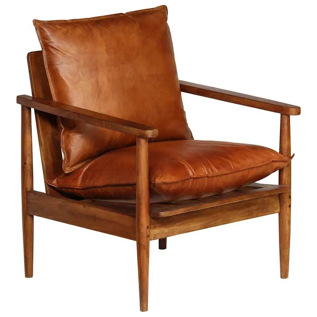 Brown Leather Armchair with Acacia Frame