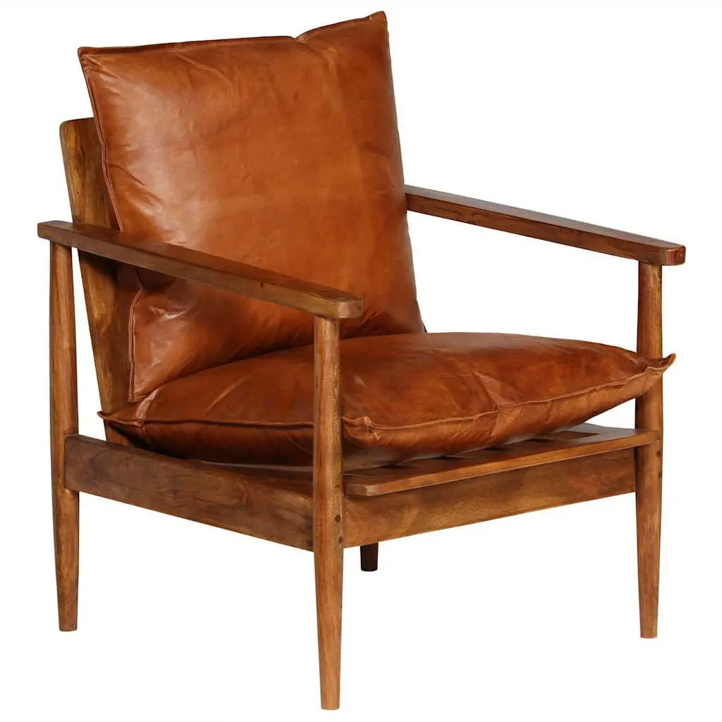 Brown Leather Armchair with Acacia Frame