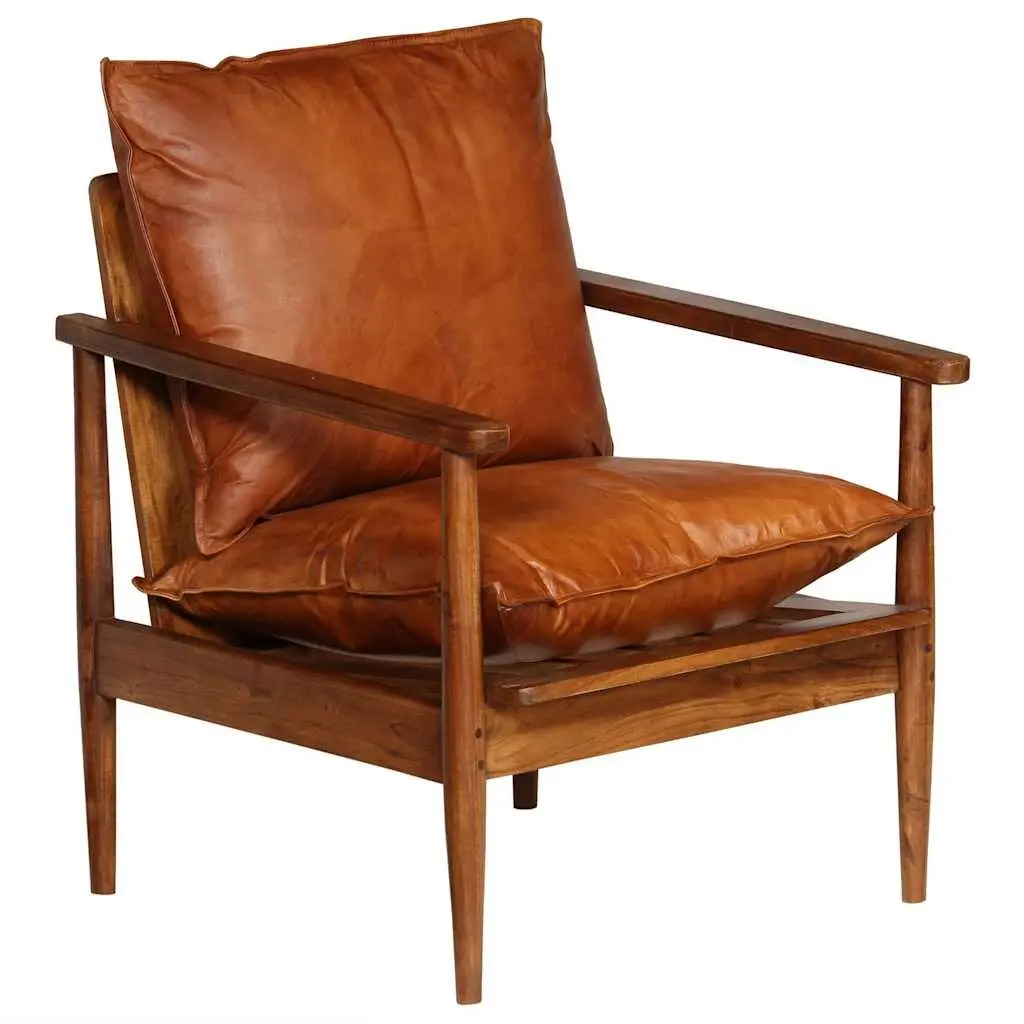 Brown Leather Armchair with Acacia Frame