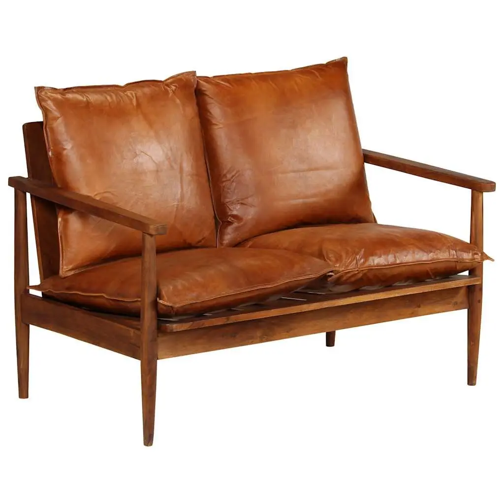 2-Seater Sofa Relaxing Brown Solid Acacia Wood Frame Goat Leather Upholstery