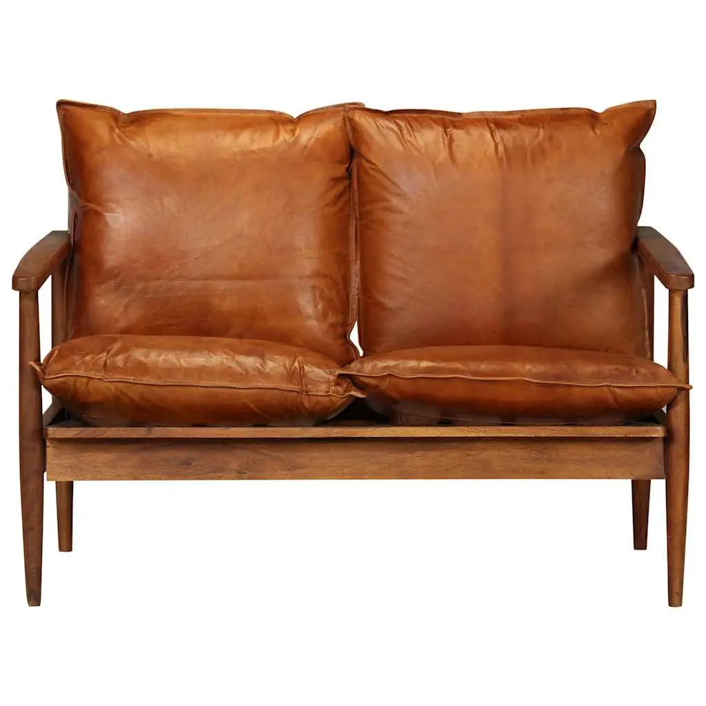 2-Seater Sofa Relaxing Brown Solid Acacia Wood Frame Goat Leather Upholstery