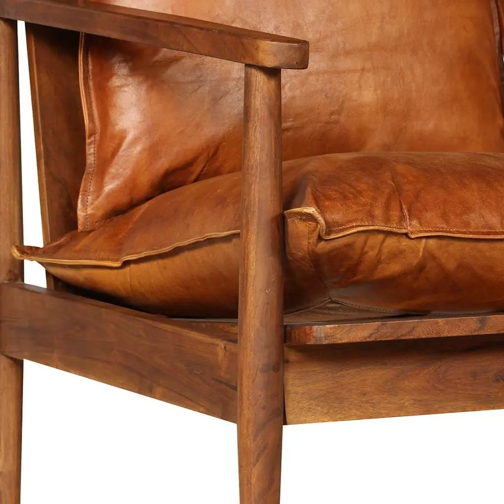 2-Seater Sofa Relaxing Brown Solid Acacia Wood Frame Goat Leather Upholstery