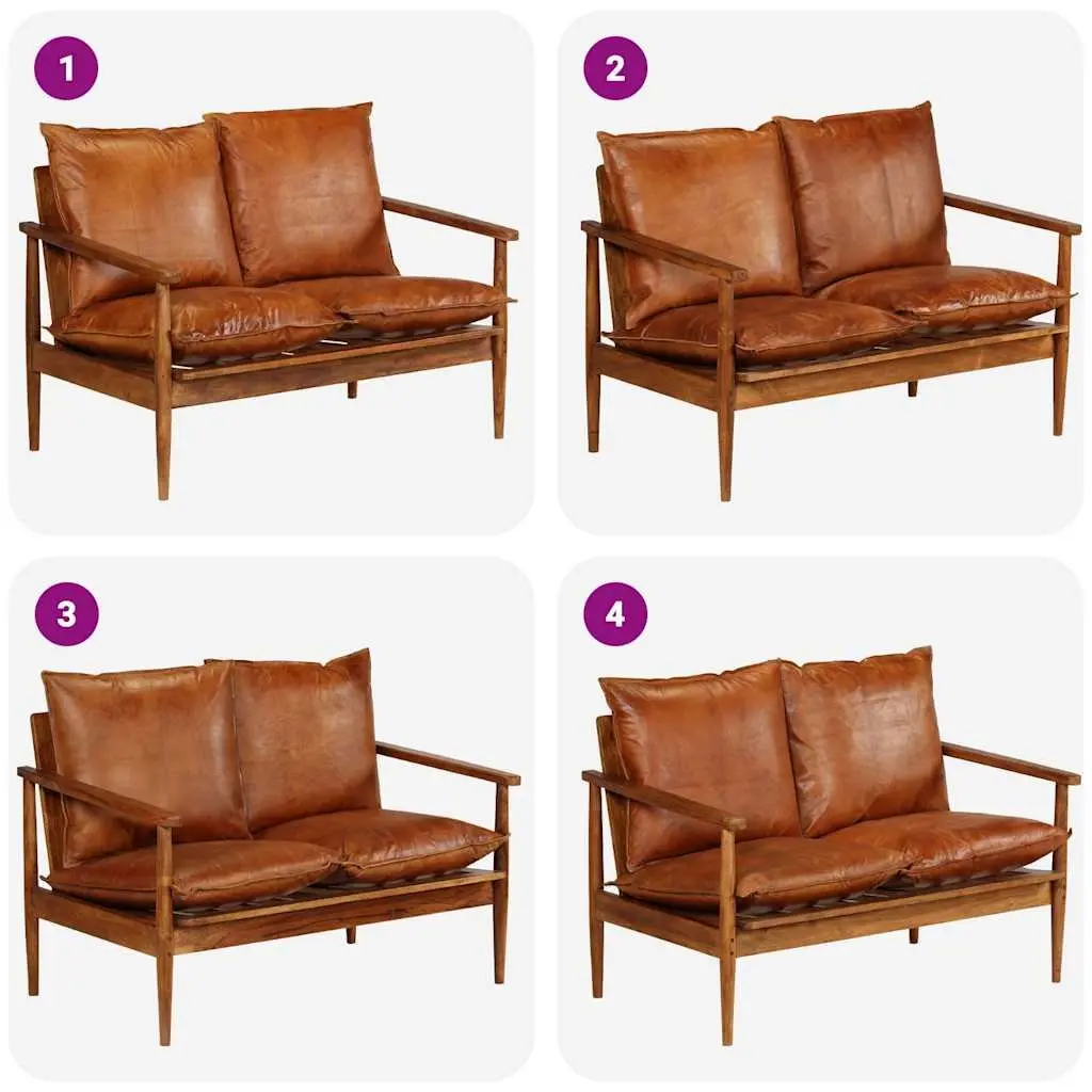 2-Seater Sofa Relaxing Brown Solid Acacia Wood Frame Goat Leather Upholstery