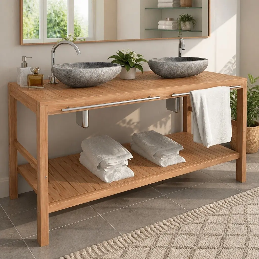 Bathroom Vanity Cabinet Storage Solid Teak 132x45x75cm Brown