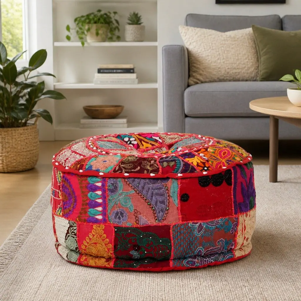 Red Handmade Patchwork Pouffe Ottoman