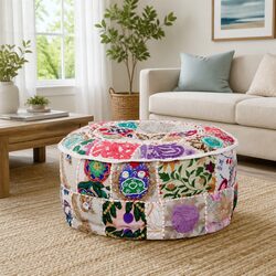 Patchwork Pouffe Round Footrest Ottoman Handmade Cotton 40x20 cm Beige