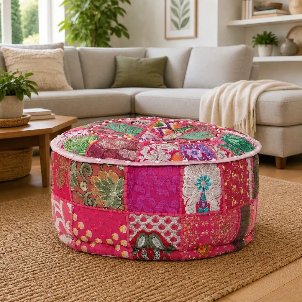 Round Pouffe Footrest Handmade Cotton Pink 40x20 cm Boho Decor