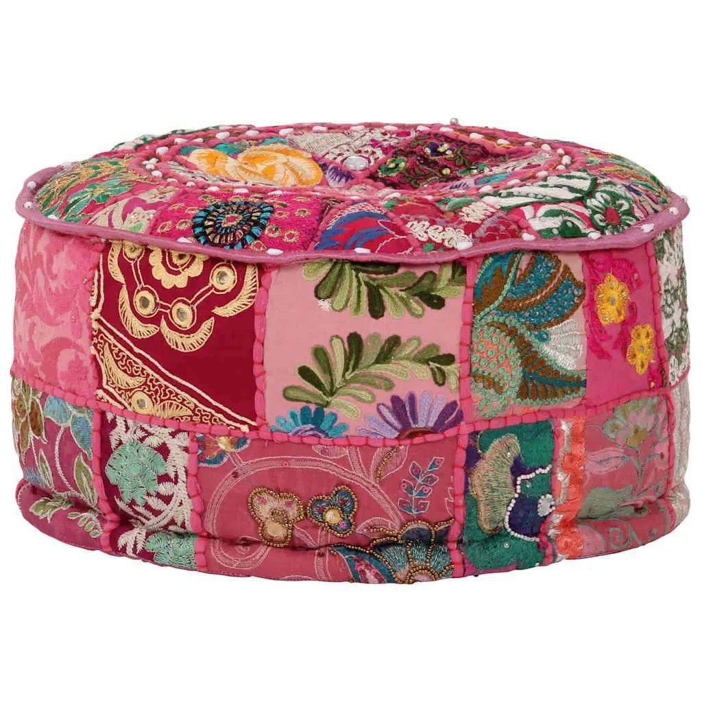 Round Pouffe Footrest Handmade Cotton Pink 40x20 cm Boho Decor