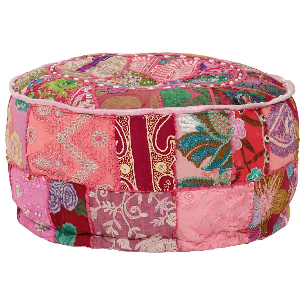 Round Pouffe Footrest Handmade Cotton Pink 40x20 cm Boho Decor