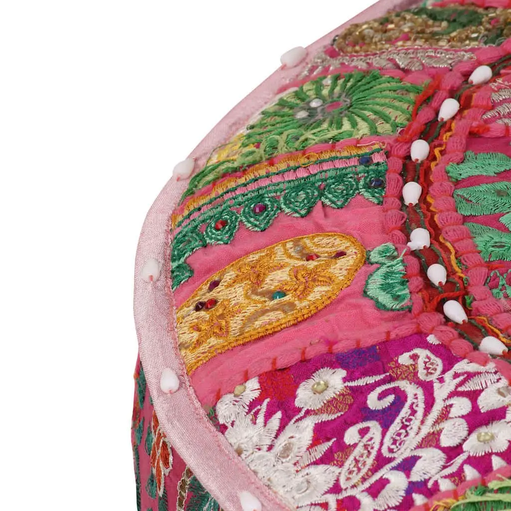 Round Pouffe Footrest Handmade Cotton Pink 40x20 cm Boho Decor