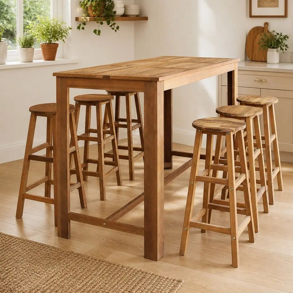 Bar Table and Stool Set Rustic Kitchen Dining 7 Pieces Solid Acacia Wood Brown