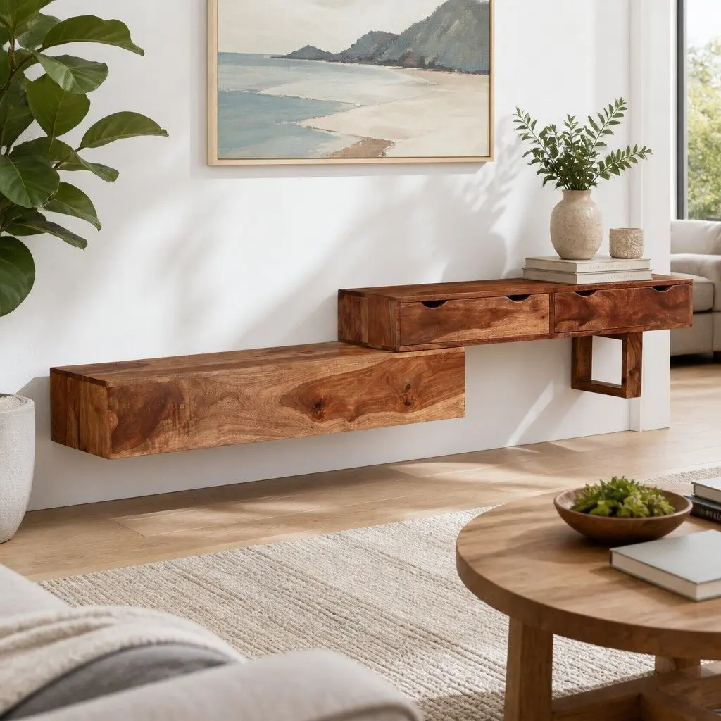 TV Cabinet Solid Wood Acacia Brown Storage 2 Drawers Living Room 200x30x35cm