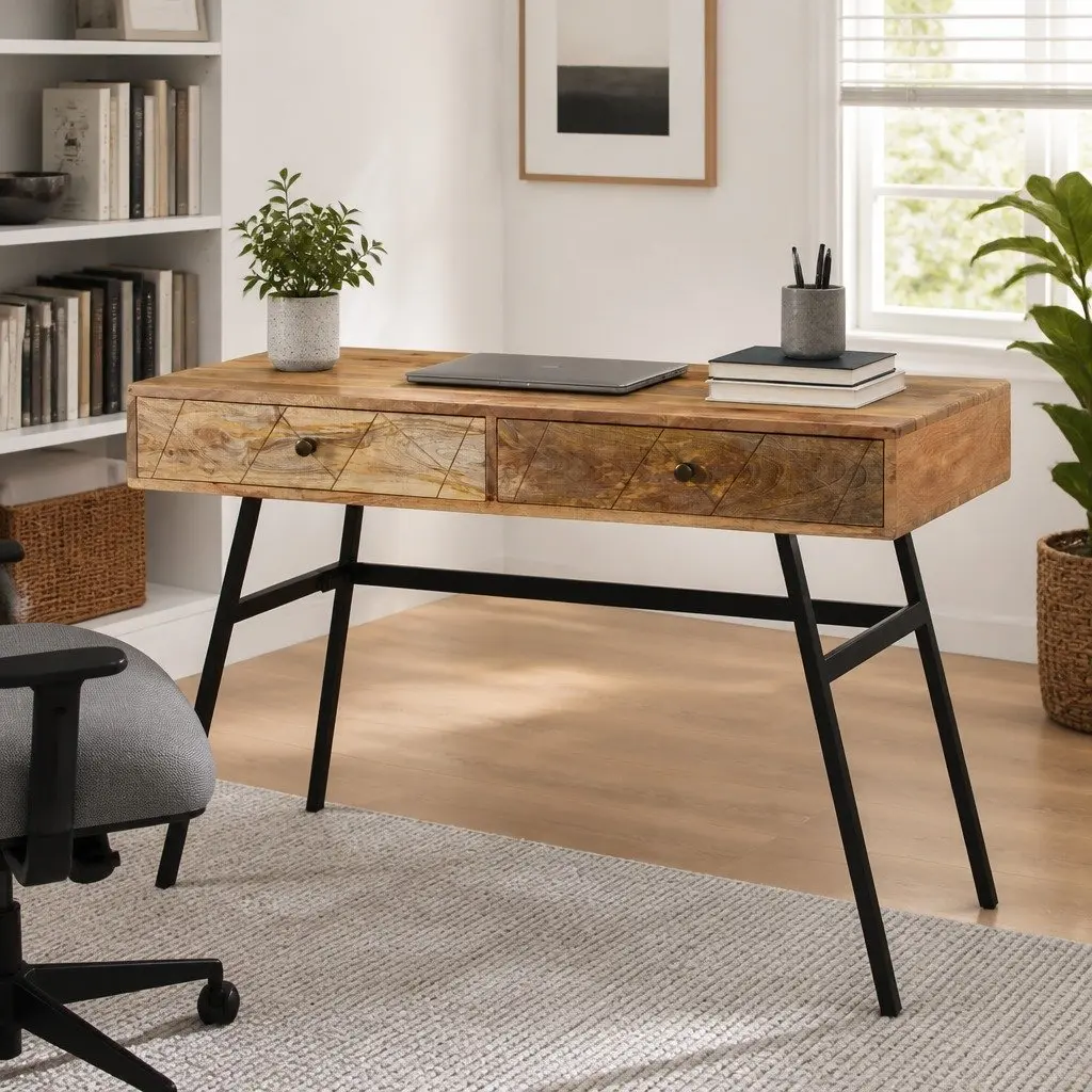 Solid Mango Wood Desk with 2 Drawers