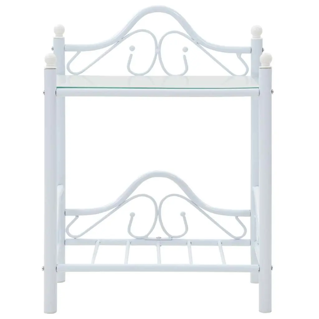 Bedside Table White Steel Frame Tempered Glass 2 Shelves Nightstand Furniture
