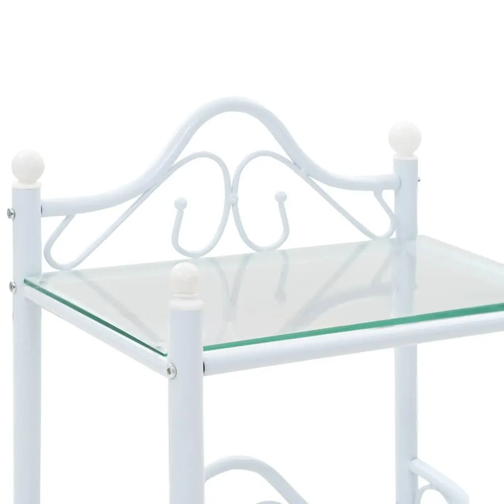 Bedside Table White Steel Frame Tempered Glass 2 Shelves Nightstand Furniture
