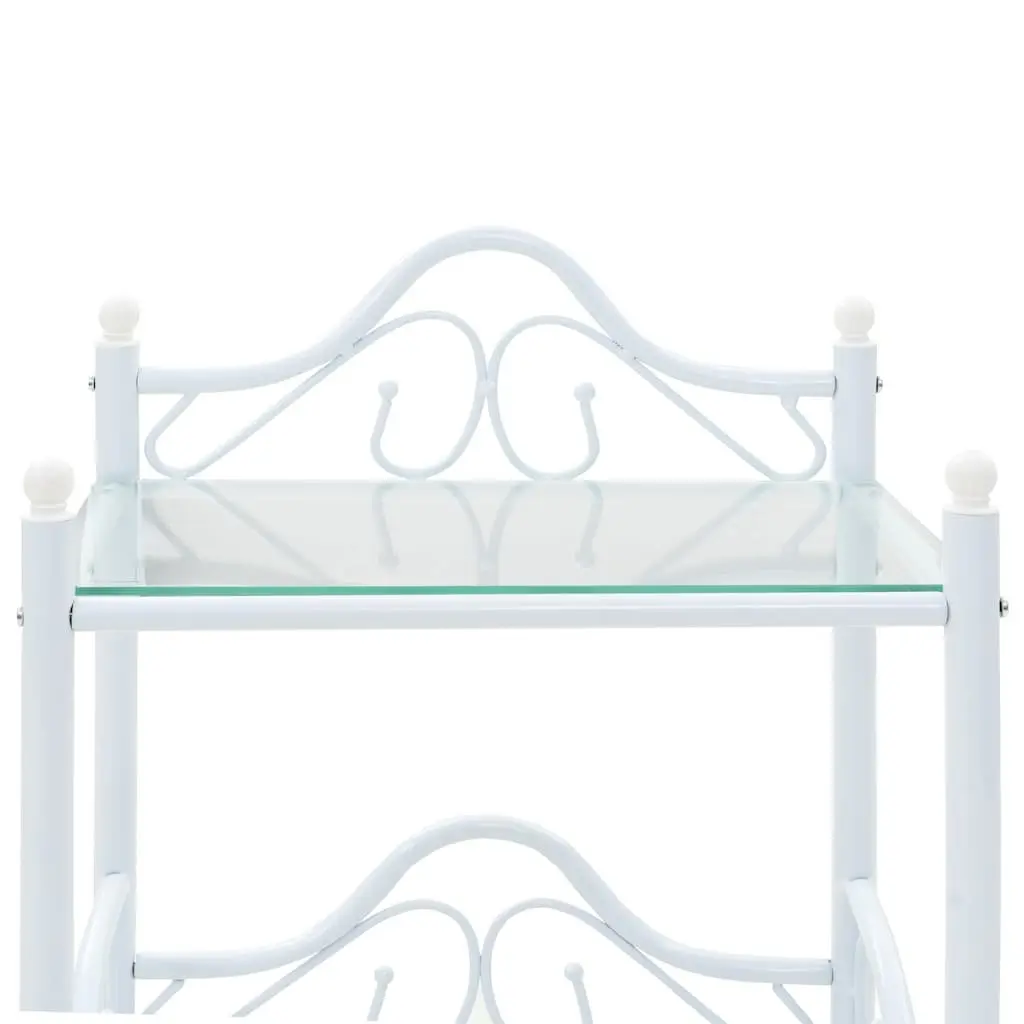 Bedside Table White Steel Frame Tempered Glass 2 Shelves Nightstand Furniture